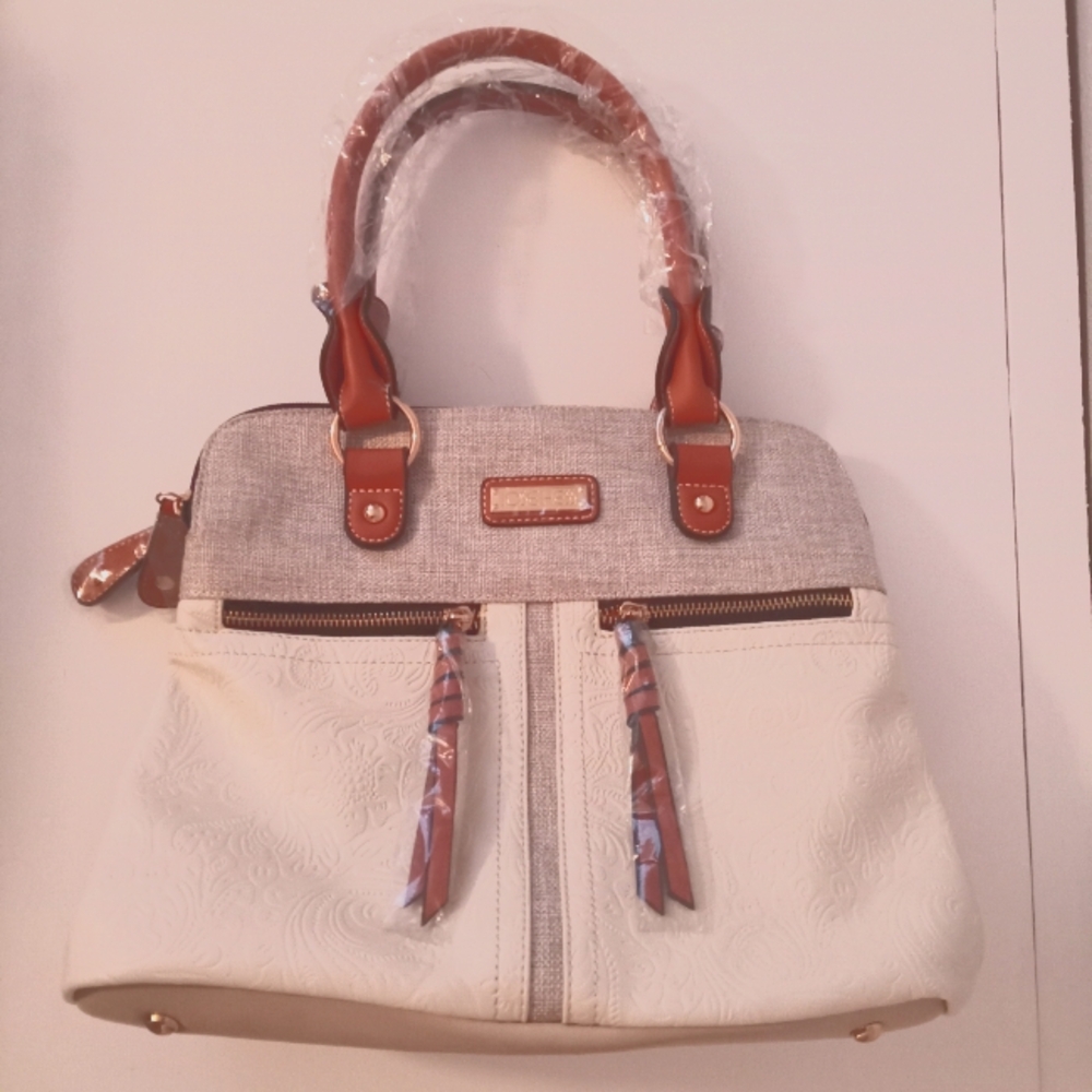JOSE HESS FRENCH TWIST CREAM & TAN SATCHEL PURSE HANDBAG - RARE SOLD OUT